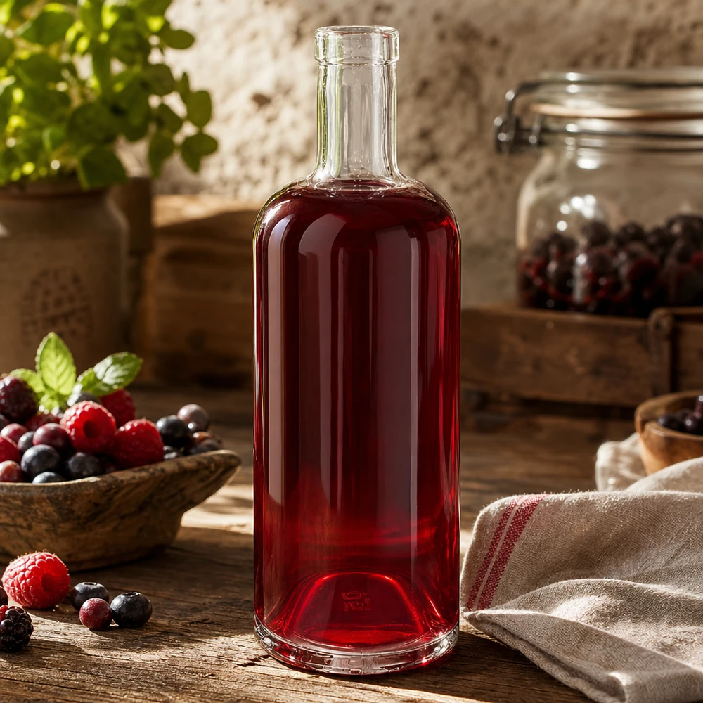 750ml Glasflasche "Attila" ohne Verschluss UNiTWIST® Garrafa de vidro de 750 ml de Emma cheia de sumo de bagas vermelhas rodeada de bagas frescas e decorações de cozinha rústicas