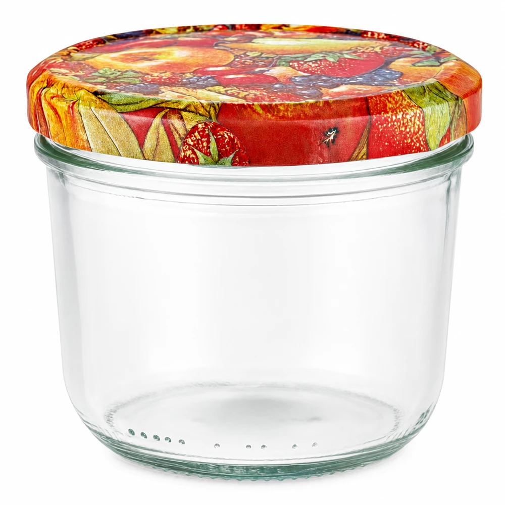 Frasco de vidro vazio de 230 ml com tampa de fruta colorida BasicSeal para compotas e conservas