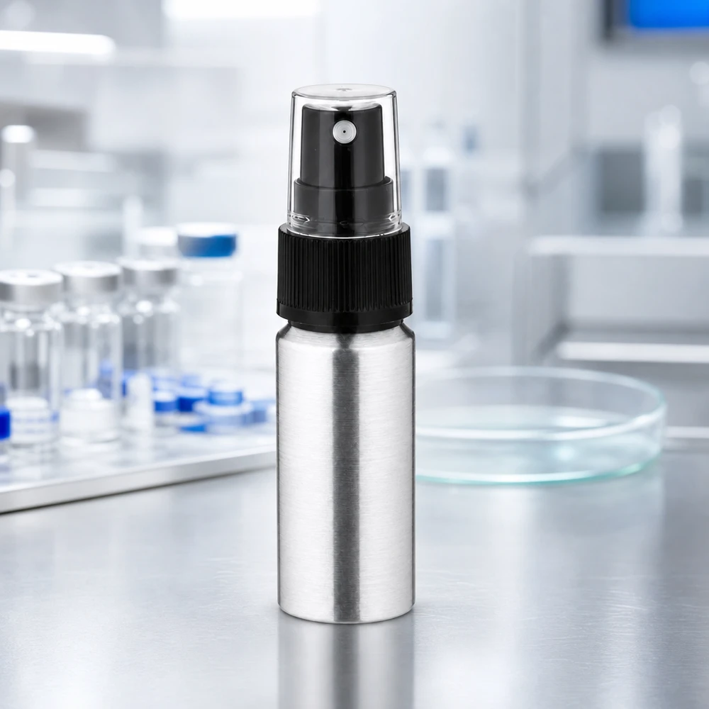 Frasco de alumínio polido de 20ml com nebulizador Frasco profissional de alumínio de 20 ml com atomizador - ideal para ambientes laboratoriais e aplicações médicas