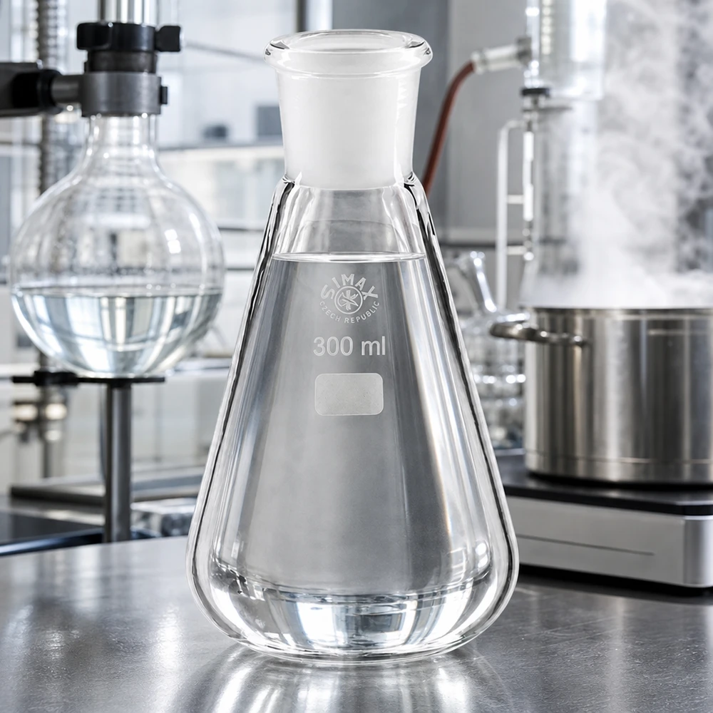 Frasco Erlenmeyer de 300 ml com rolha branca e junta rectificada normalizada 29/32 para trabalhos laboratoriais de precisão