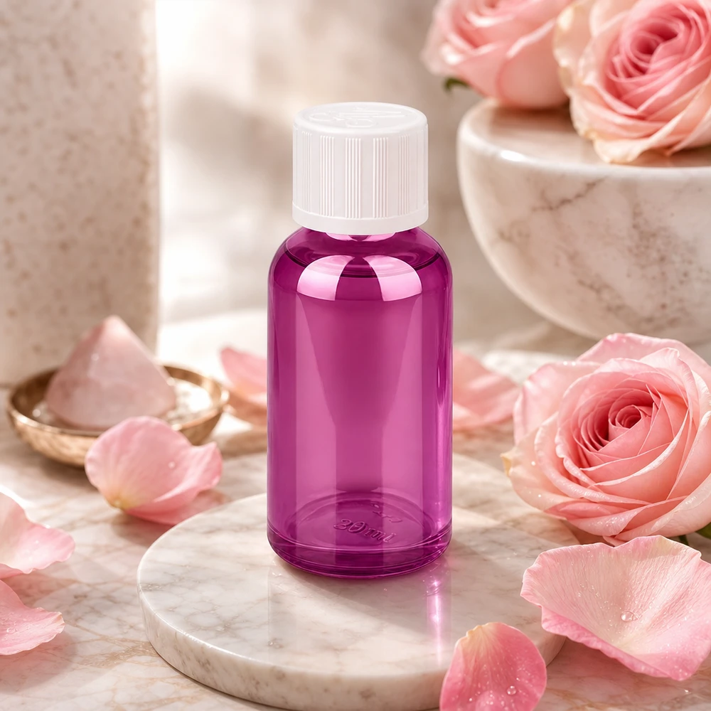 Frasco de 30 ml com tampa de rosca de 11 mm branca padrão resistente a crianças PurpleLine UT18/30 Frasco de 30 ml em vidro borossilicato de alta qualidade, na elegante cor violeta, para cosméticos e aromaterapia