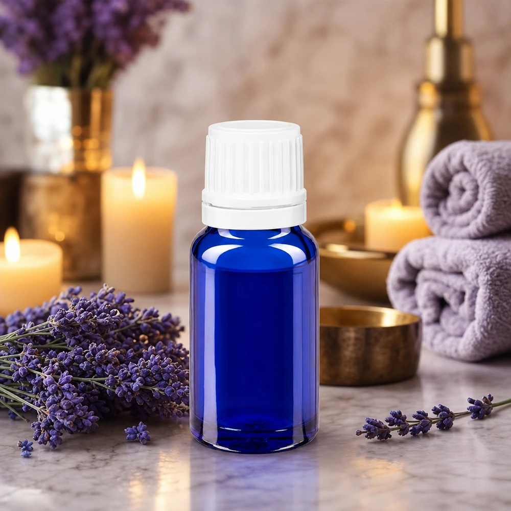 Frasco de vidro azul de 10 ml com conta-gotas, rodeado por flores de lavanda e velas