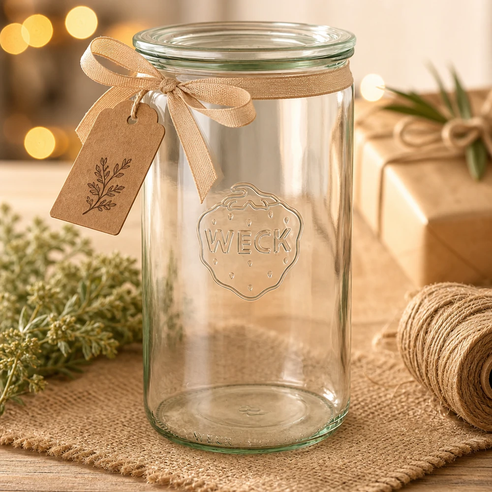 Frasco cilíndrico WECK 1590ml RR100 vazio com fita de oferta castanha e pendente decorado para o Natal numa mesa de madeira