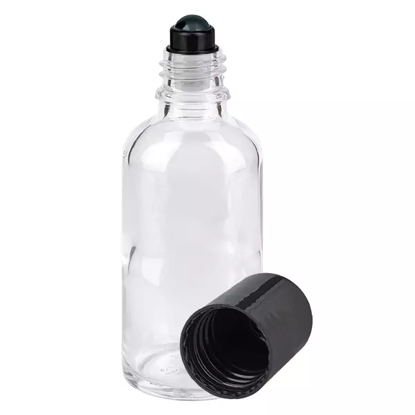 Frasco de farmácia transparente 50ml tampa roll-on preta