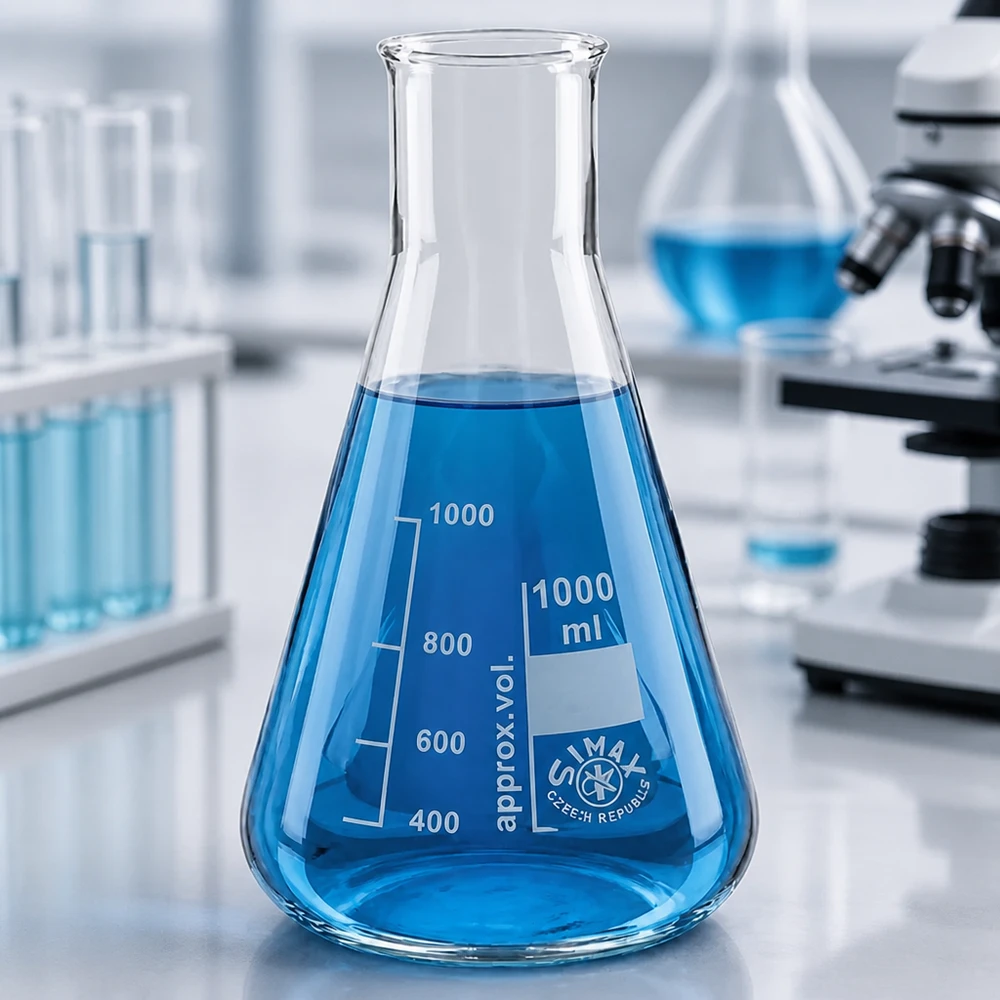 Erlenmeyer cónico de 100 ml de gargalo largo com líquido azul num ambiente de laboratório moderno
