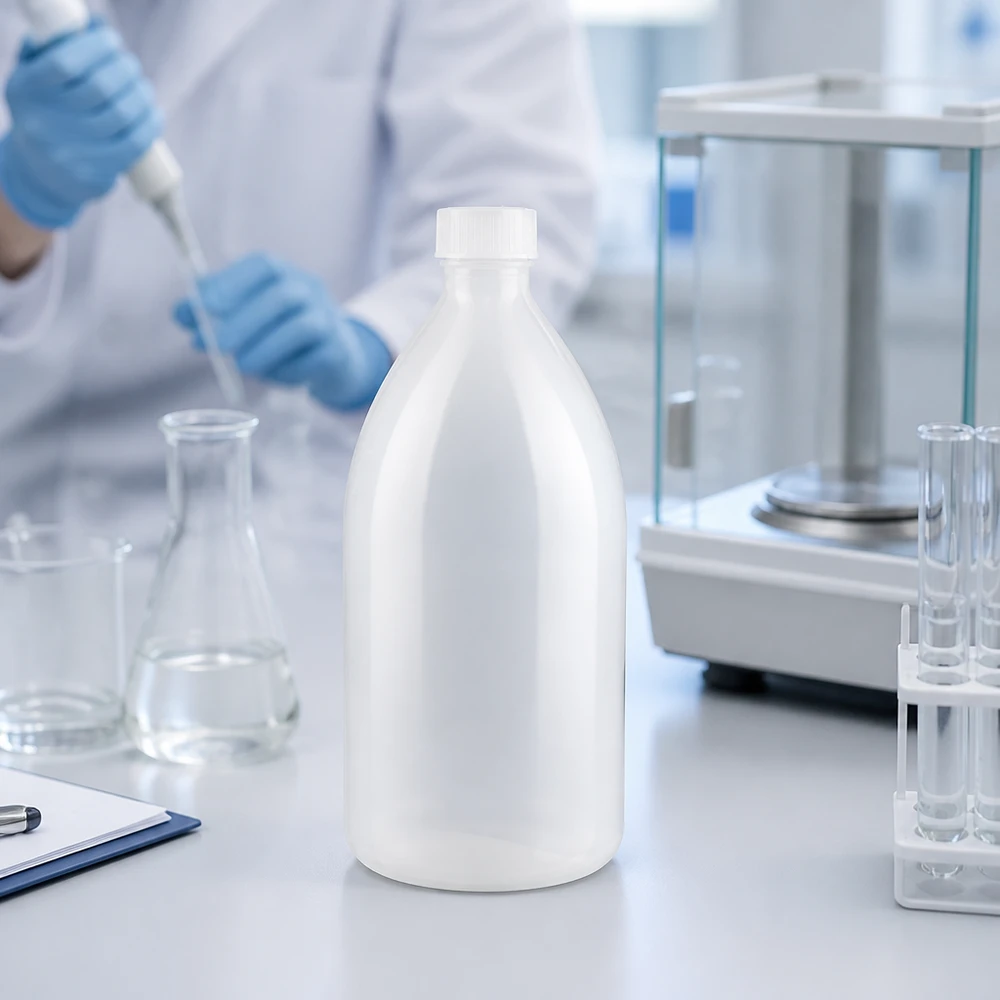 Frasco de rosca de 1000 ml, frasco de laboratório com gargalo estreito 1000ml Laborflasche mit Enghals und kindersicherem Schraubverschluss neben Analysenwaage im Labor
