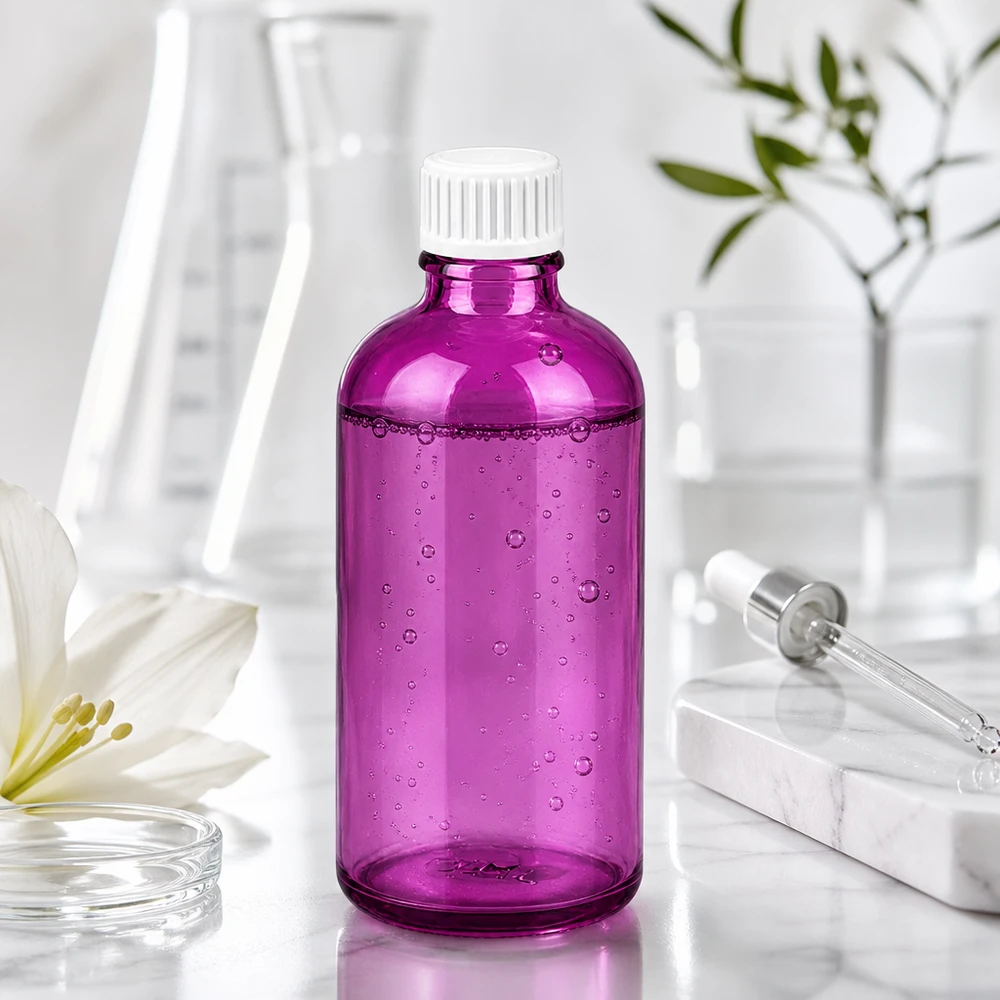 Frasco de laboratório de 100 ml em vidro de alta qualidade na cor púrpura para aplicações farmacêuticas