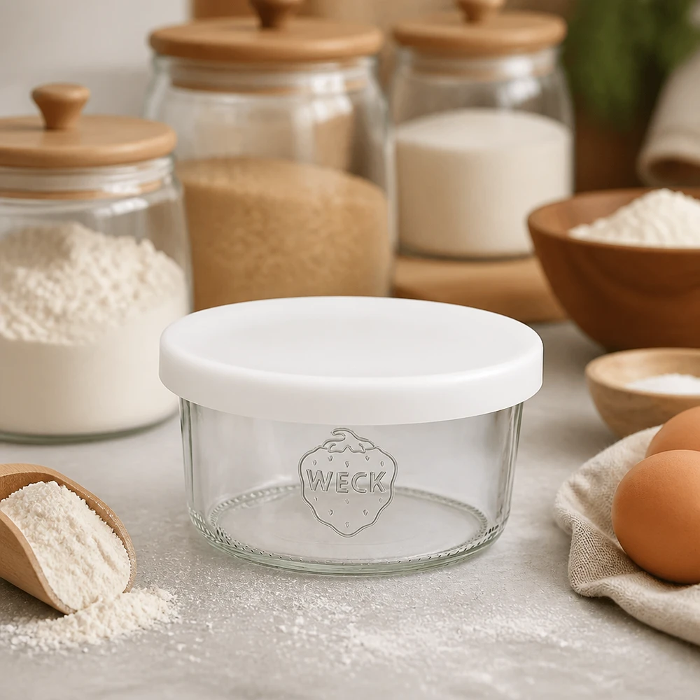 Copos WECK 165ml RR80 com tampa de silicone branca na cozinha entre ingredientes de pastelaria, farinha, ovos e frascos de armazenamento