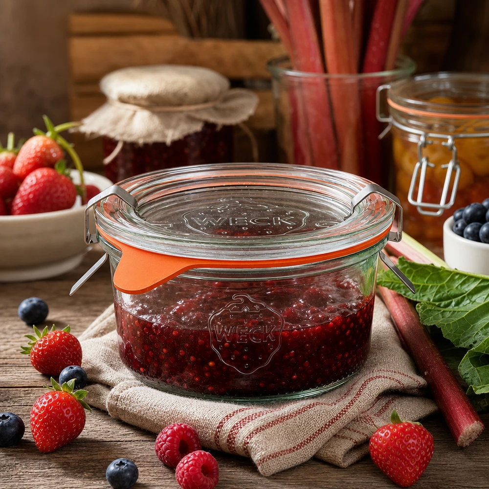 Frasco WECK RR80 de 165 ml cheio de compota de frutos silvestres rodeado de morangos e mirtilos frescos numa mesa de madeira