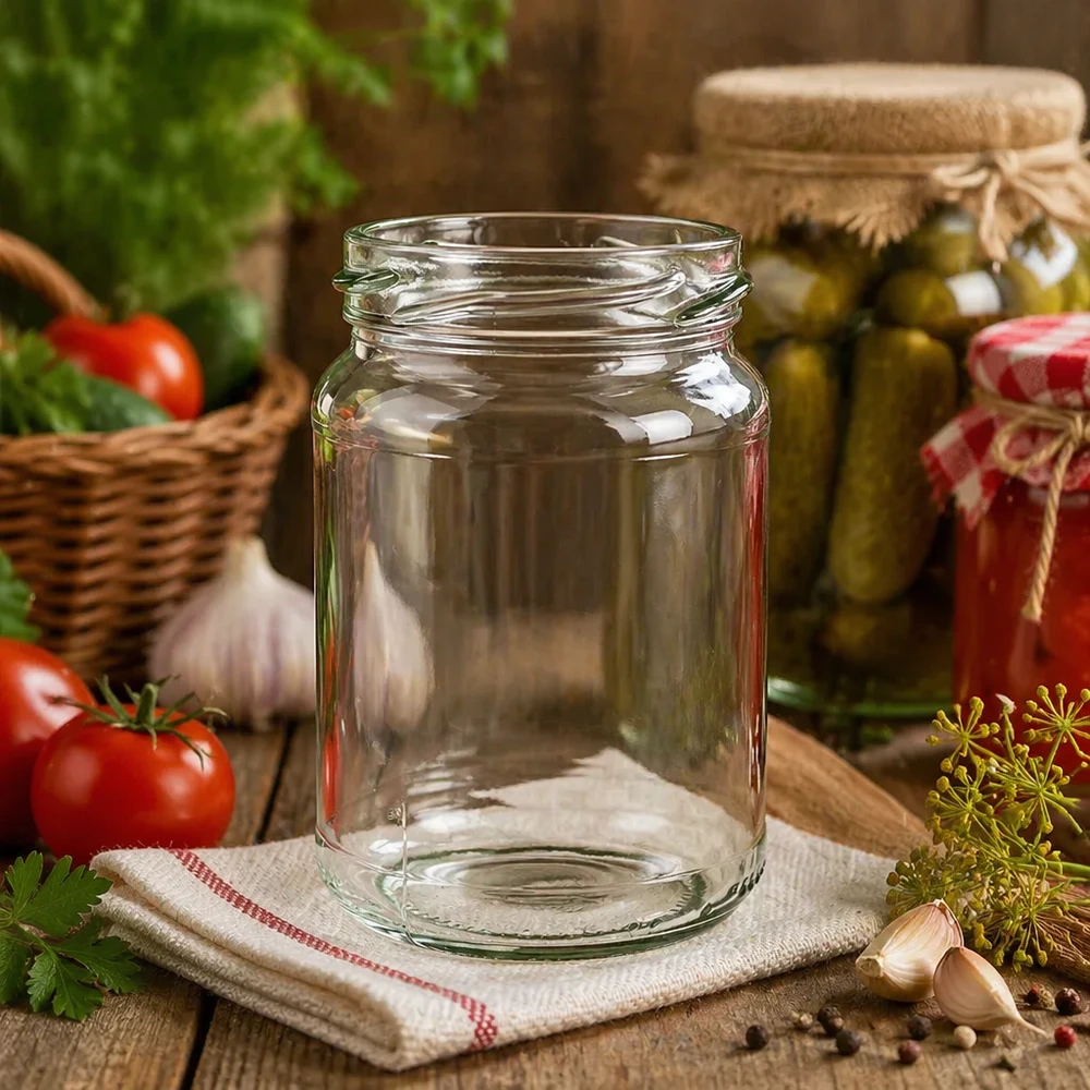 Frasco redondo de 205ml sem tampa (TO58) UNiTWIST UNiTWIST Runda205 frasco redondo de 205 ml TO58 frasco de conserva vazio na mesa da cozinha com legumes e ervas aromáticas ao fundo