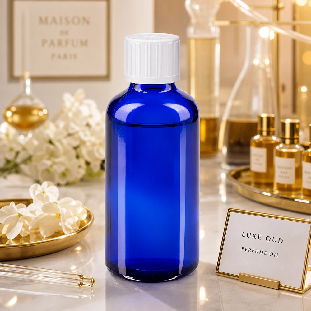Frasco de farmácia azul 50ml tampa de rosca branca padrão resistente a crianças Frasco de farmácia azul de 50 ml com tampa de segurança para crianças branca, utilizado como recipiente para óleo de perfume num ambiente de luxo