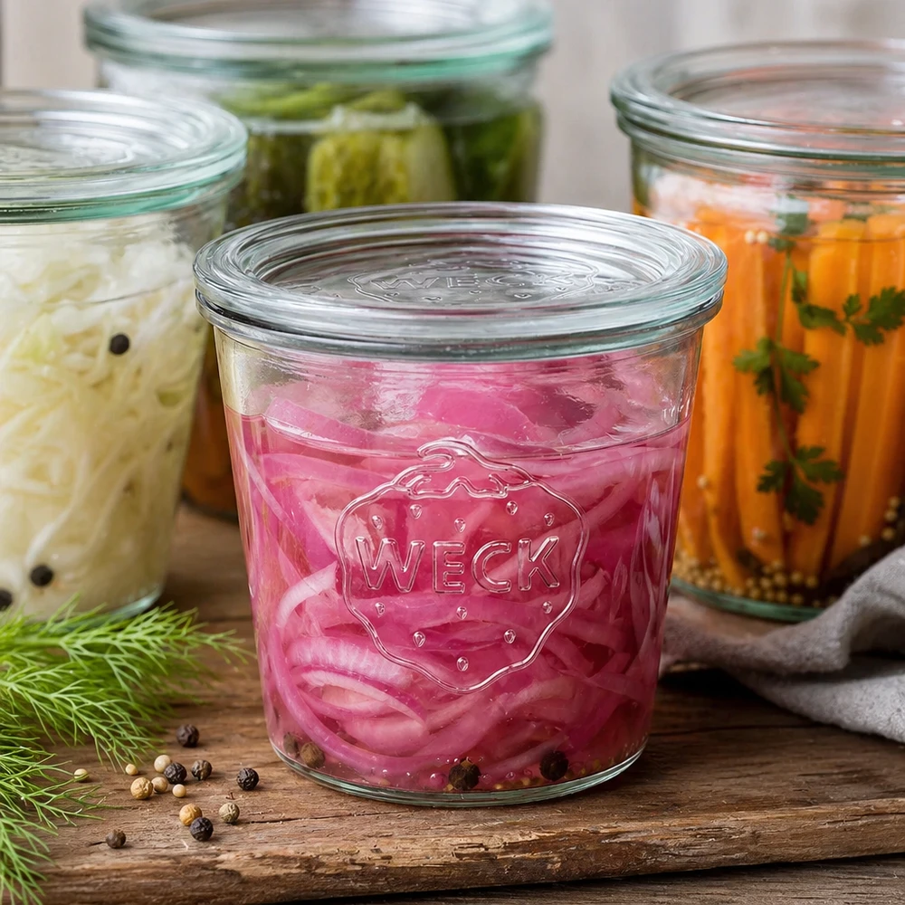 Frasco de vidro WECK de 580 ml cheio de legumes em conserva e especiarias para fermentação Exemplo ao lado do endro