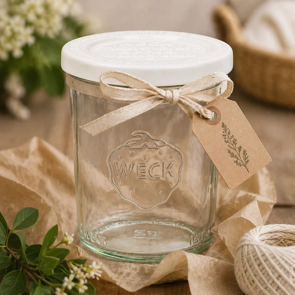 Frasco de vidro de 160 ml com tampa de conservação WECK RR60 WECK Sturzglas 160ml mit Dekobändchen und Anhänger - rustikale Geschenkverpackung für selbstgemachte Marmelade