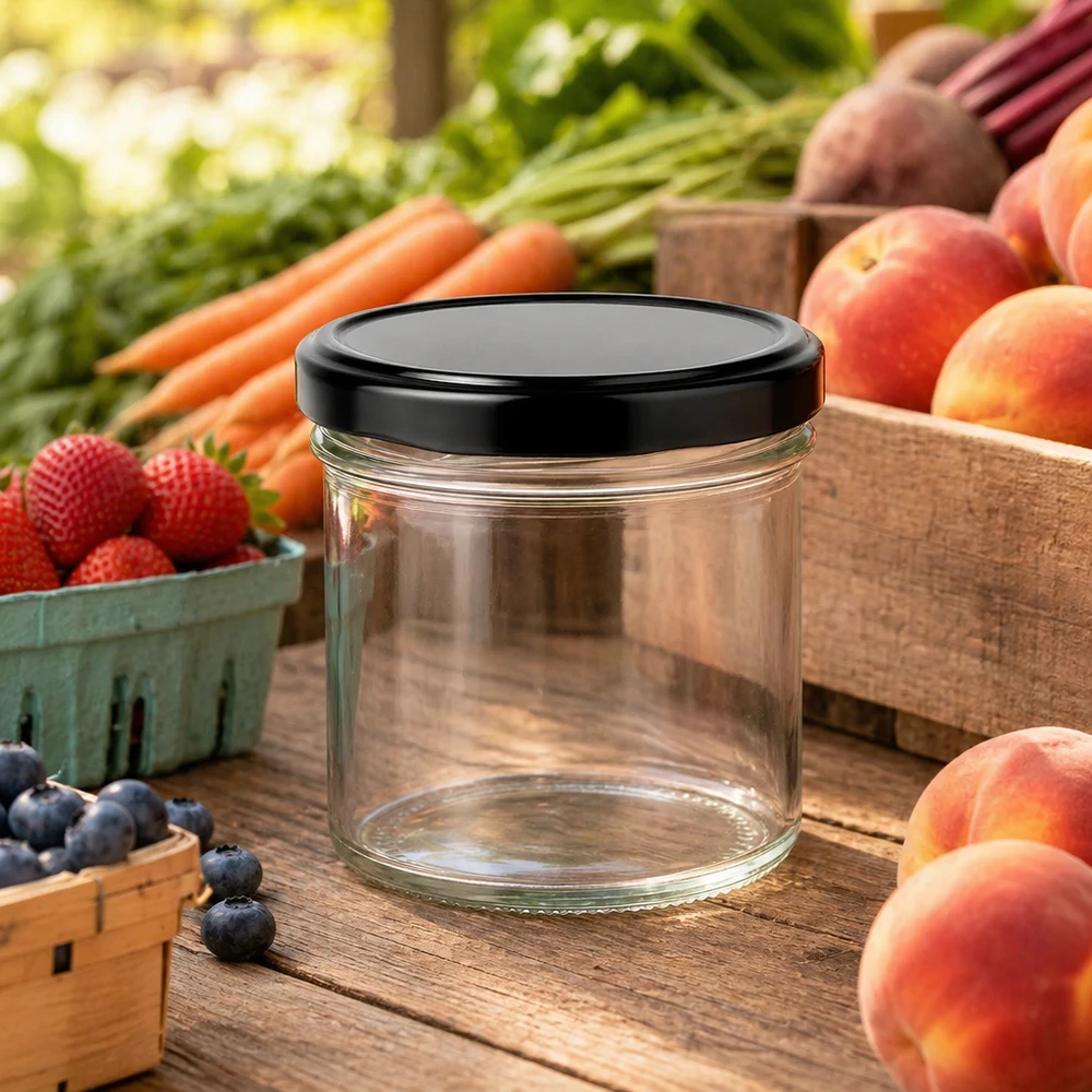 Copos de 125 ml com tampa preta entre fruta e legumes frescos numa mesa de madeira Ambiente de banca de mercado