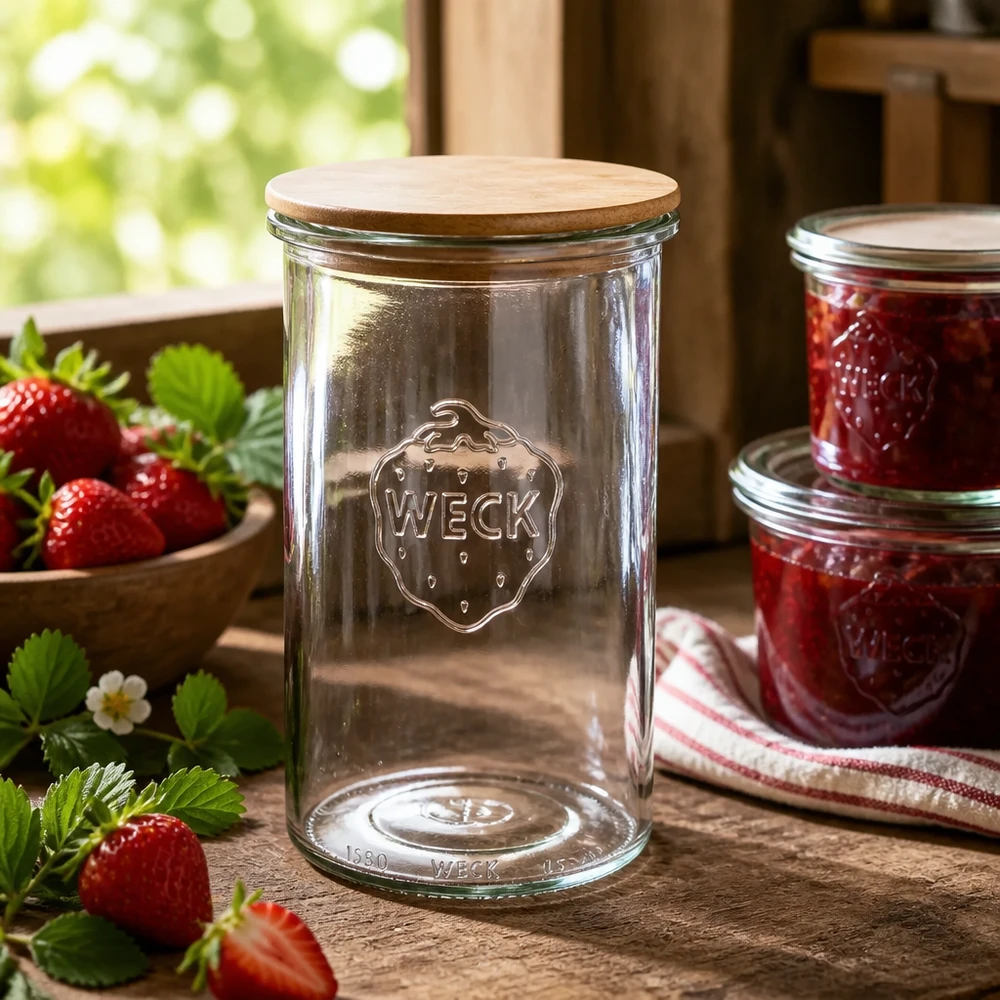 Copos de vidro WECK RR100 de 1000ml com tampa de madeira Frasco de armazenamento WECK de 1000 ml com tampa de madeira numa cozinha rústica ao lado de compota de morango caseira e morangos frescos