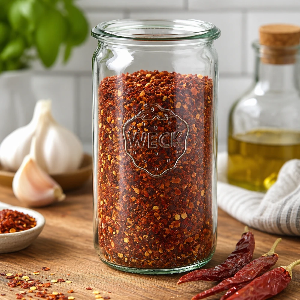 Frasco cilíndrico de vidro WECK RR60 de 340 ml Frasco cilíndrico WECK de 340 ml RR60 cheio de flocos de malagueta numa mesa de madeira com alho e malaguetas secas