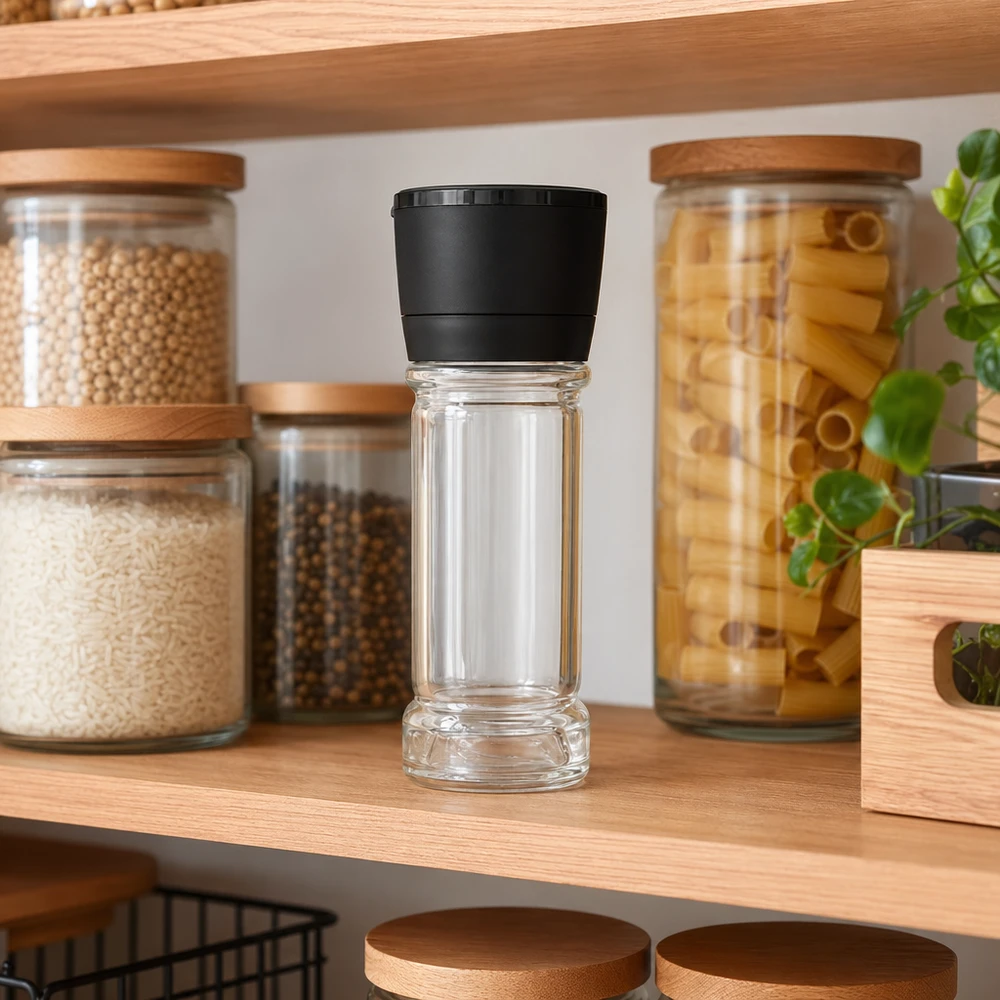 Frasco para sal/especiarias de 100 ml com moinho Vario preto Frasco para especiarias de 100 ml com moinho preto Vario numa prateleira de madeira, entre os frascos de arroz e de massa