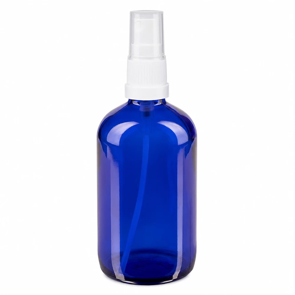 Frasco de vidro azul com pulverizador branco, de 100 ml, em vidro de farmácia, para cosmética e farmácia