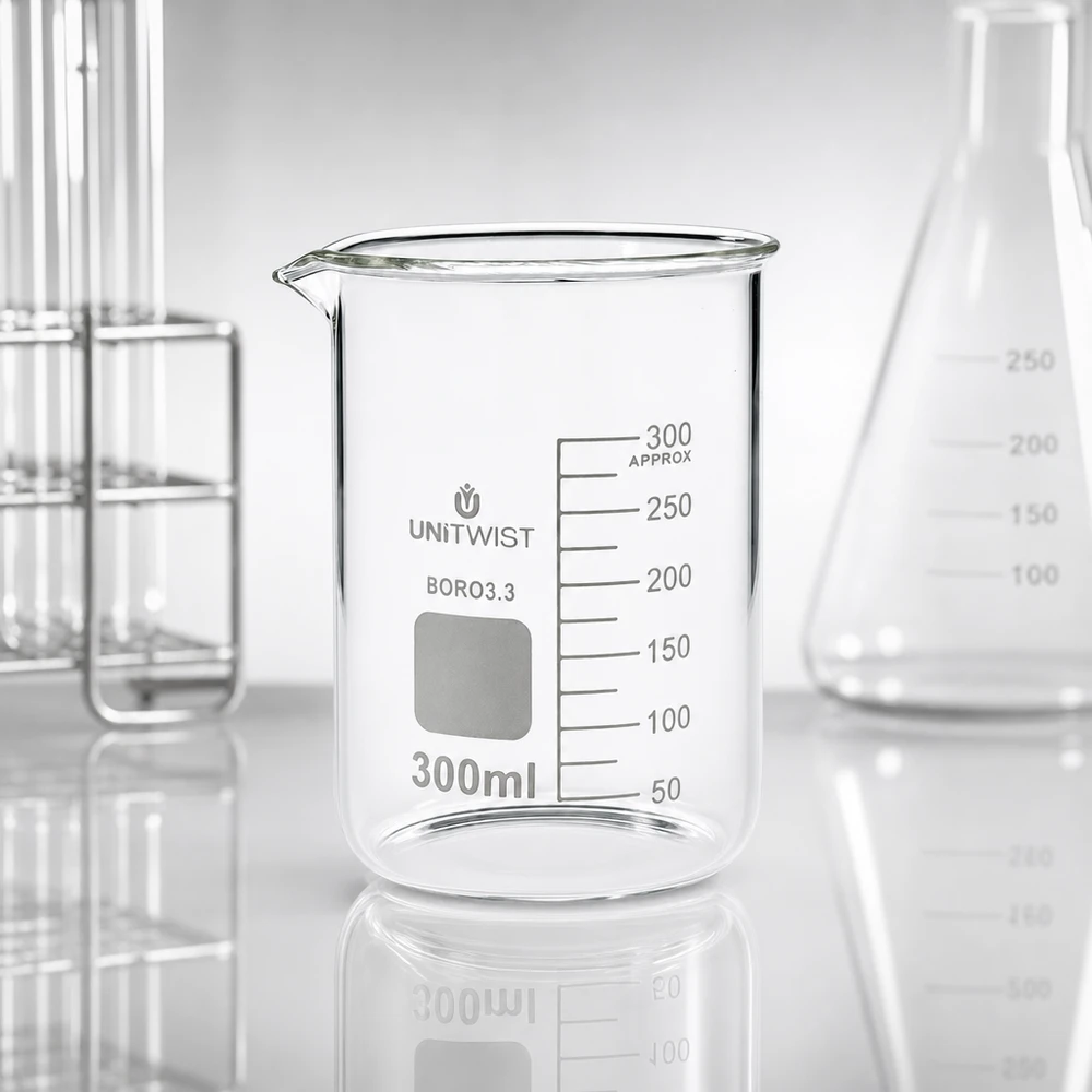 Copo de vidro UNiTWIST de 300 ml, de borossilicato, de formato baixo, com escala em mililitros, ao lado de um frasco de Erlenmeyer