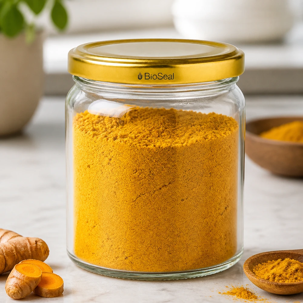 Frasco de armazenamento UNiTWIS Runda408 com tampa dourada TO82 cheio de curcuma em pó ao lado de raízes frescas de curcuma