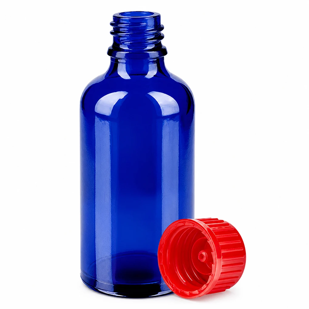 Frasco de 50ml 11mm tampa de rosca vermelha Standard BlueLine UT18/50 Pequeno frasco de laboratório de 50 ml em azul-cobalto com tampa vermelha brilhante para uma dosagem precisa