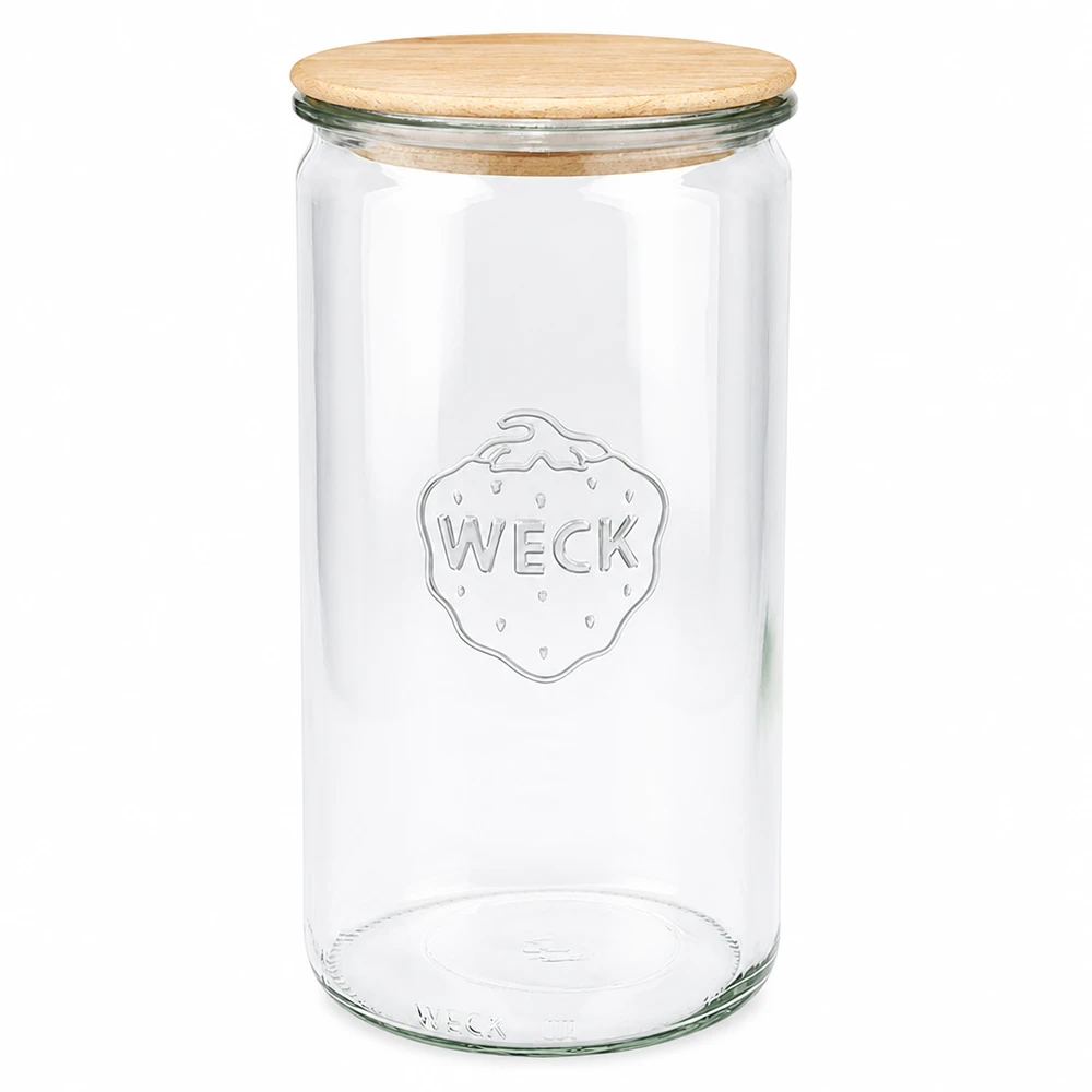 Frasco cilíndrico de 1590ml WECK RR100 com tampa de madeira Frasco cilíndrico WECK 1590ml com tampa de madeira Frasco de conservação RR100 frasco de armazenamento transparente vazio