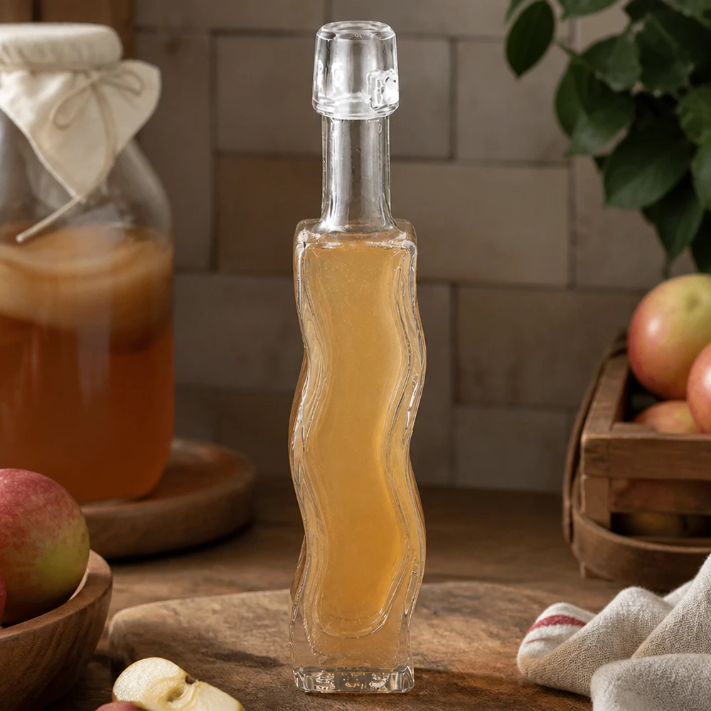 Garrafa de vidro de 40 ml Anna cheia de vinagre de sidra de maçã tábua de madeira de cozinha rústica maçãs frescas ingredientes naturais vinagrete