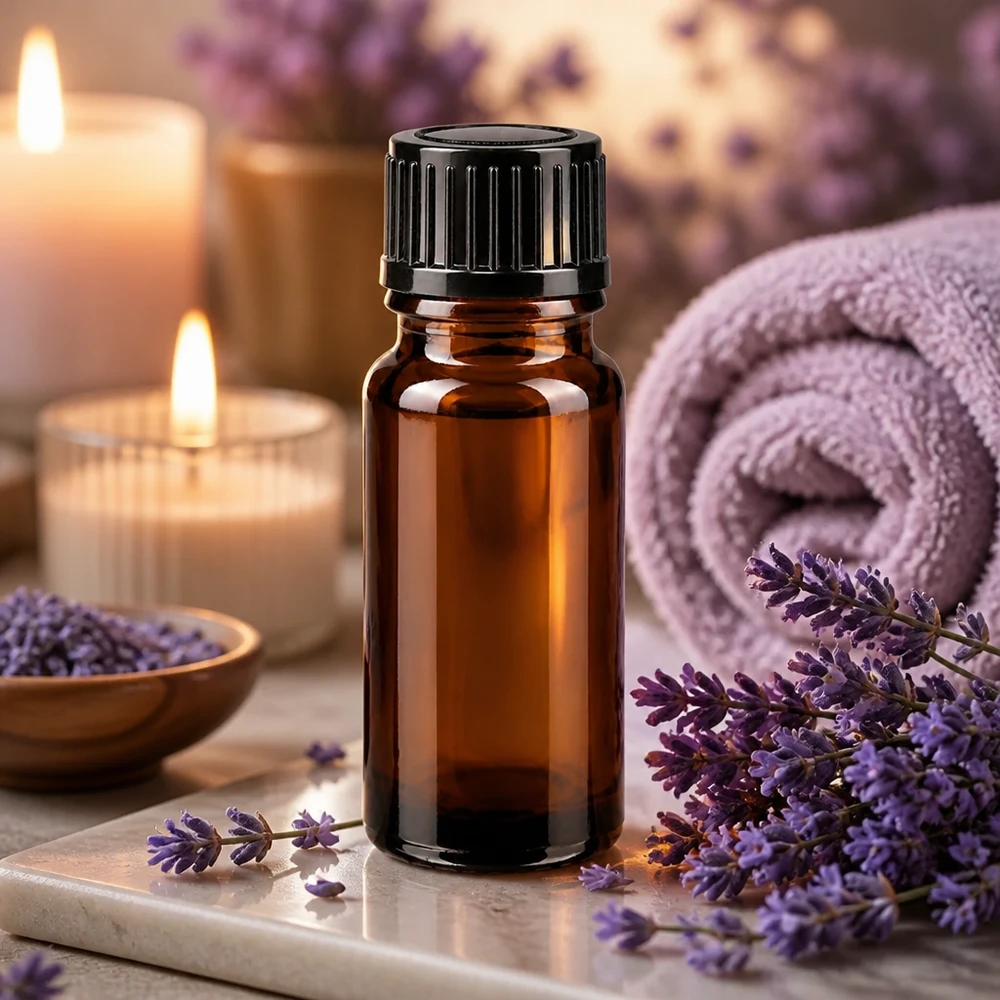 Frasco conta-gotas de vidro castanho de 10 ml com tampa dosadora preta, entre flores de lavanda e velas