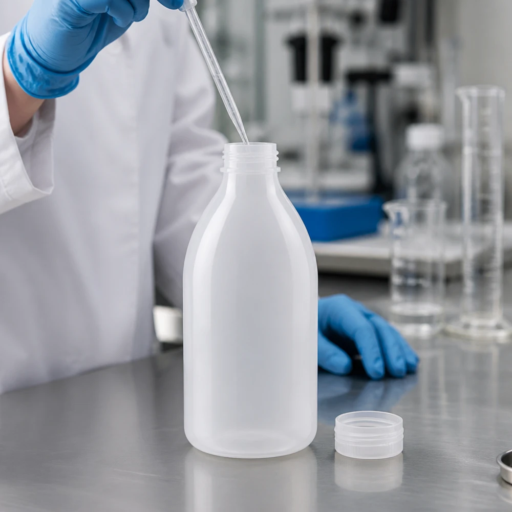 Frasco de laboratório de 500ml com gargalo estreito e sem tampa Frasco de laboratório de plástico translúcido, de gargalo estreito, com 500 ml, sem tampa, sobre uma mesa de aço inoxidável