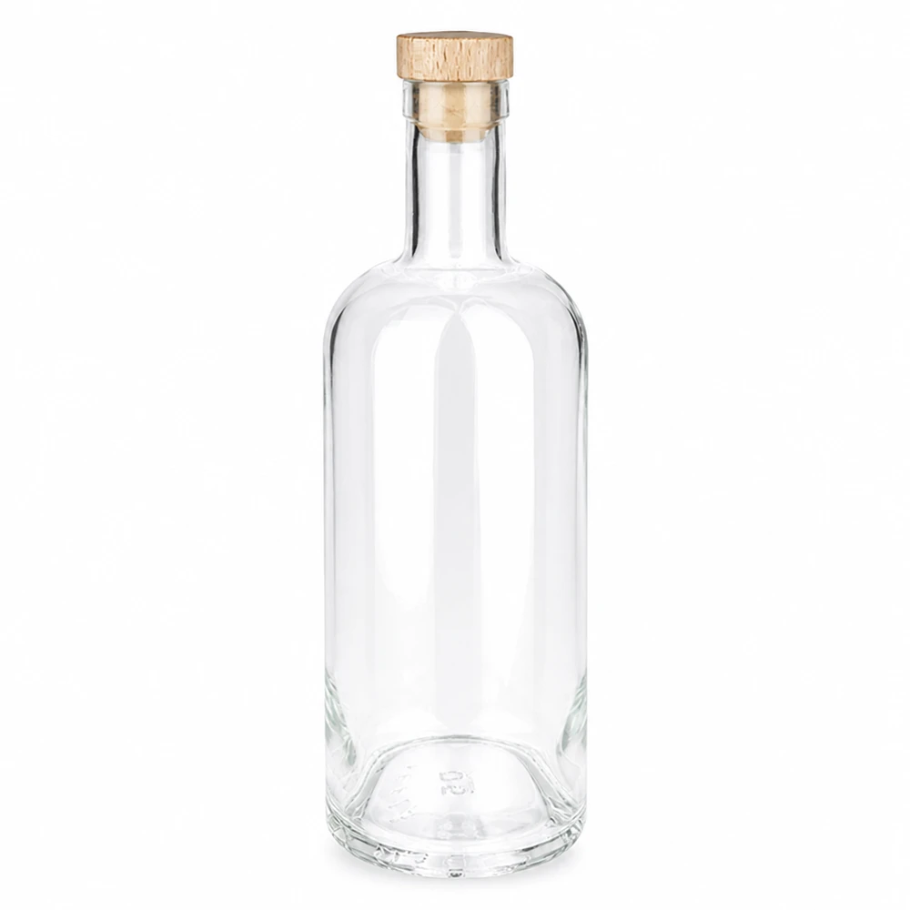 750ml Glasflasche "Attila" mit Holzgriffkorken UNiTWIST® Garrafa de vidro de 750 ml Emma com pega de madeira e rolha UNiTWIST transparente vazia Fotografia do produto sobre um fundo branco