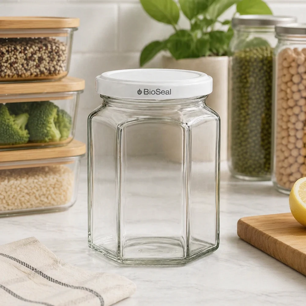 Frasco de vidro vazio UNiTWIST Hexa288 com tampa branca TO63 BioSeal numa cozinha moderna entre recipientes de arrumação