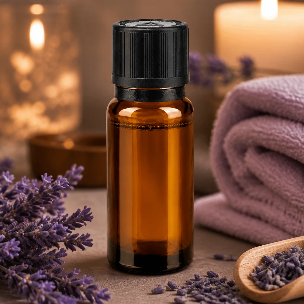 Pequeno frasco de vidro castanho de 10 ml com tampa de rosca preta, rodeado por flores de lavanda e velas