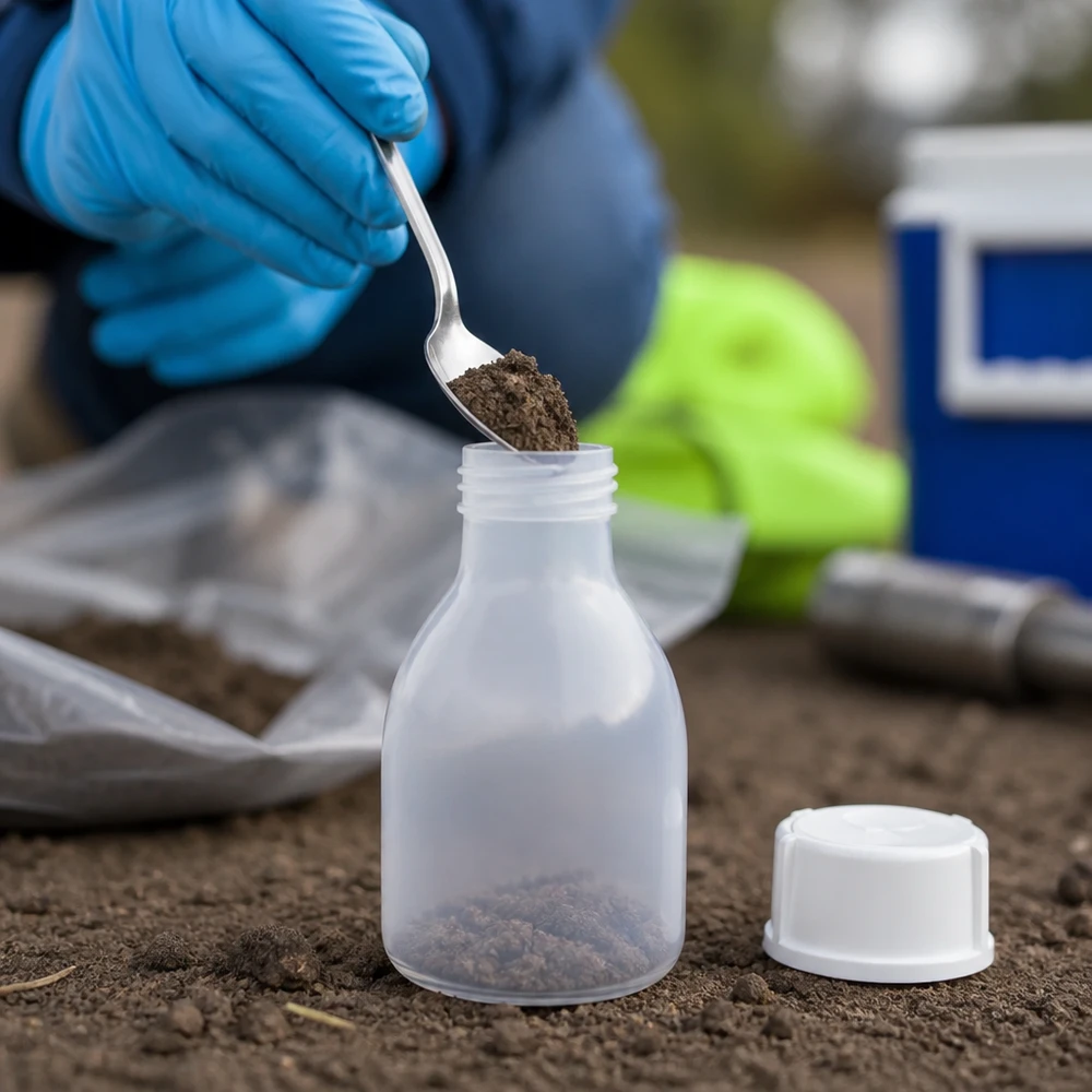 A amostra de solo é colocada, com uma colher de metal, num frasco de PE de gargalo estreito com tampa de rosca, com capacidade para 20 ml. Amostragem ambiental