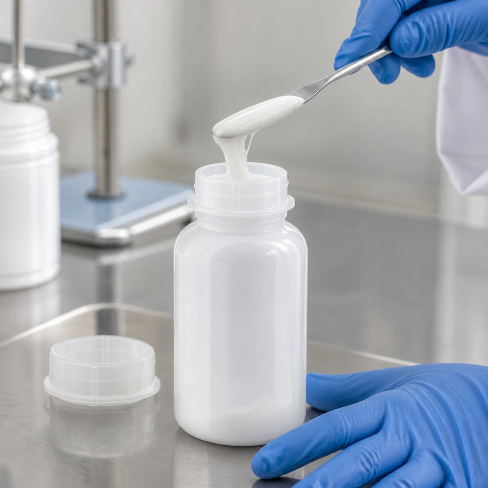 Frasco de laboratório de 500 ml com gargalo largo e tampa de rosca Präzise Dosierung halbfester Substanz in geöffnete 500ml Weithalsflasche im Reinraumlabor
