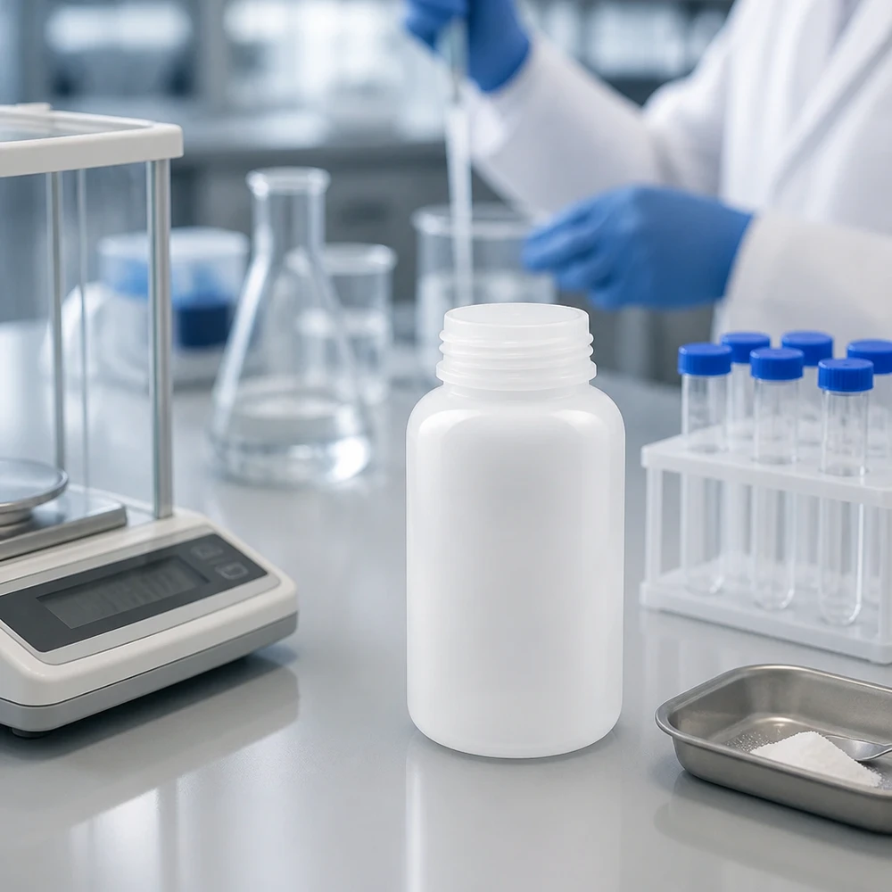 Frasco de laboratório de 500 ml com gargalo largo e sem tampa Frasco de laboratório cilíndrico de 500 ml, de gargalo largo, na cor branca, ao lado de uma balança analítica e de tubos de ensaio