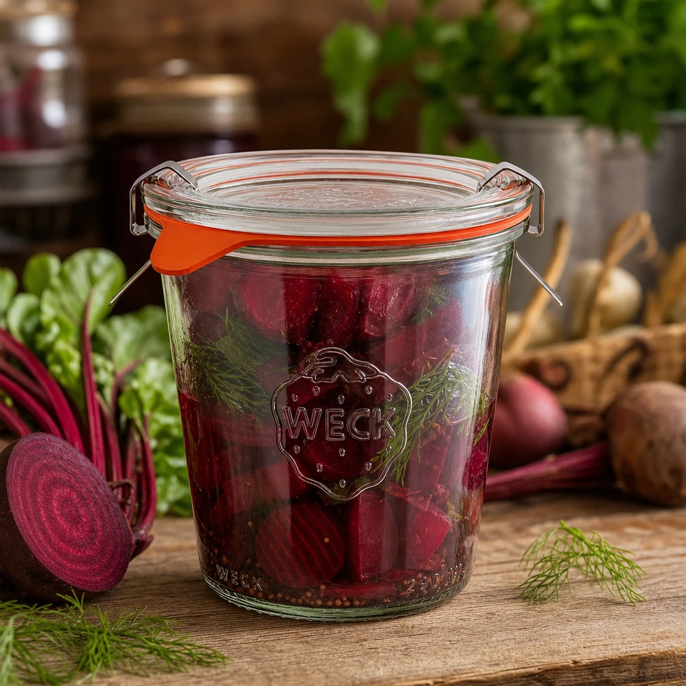 290ml Sturzglas hoch komplett WECK RR80 Frasco de conserva WECK de 290 ml RR80 cheio de fatias de beterraba em conserva e endro fresco num estilo de cozinha rústica