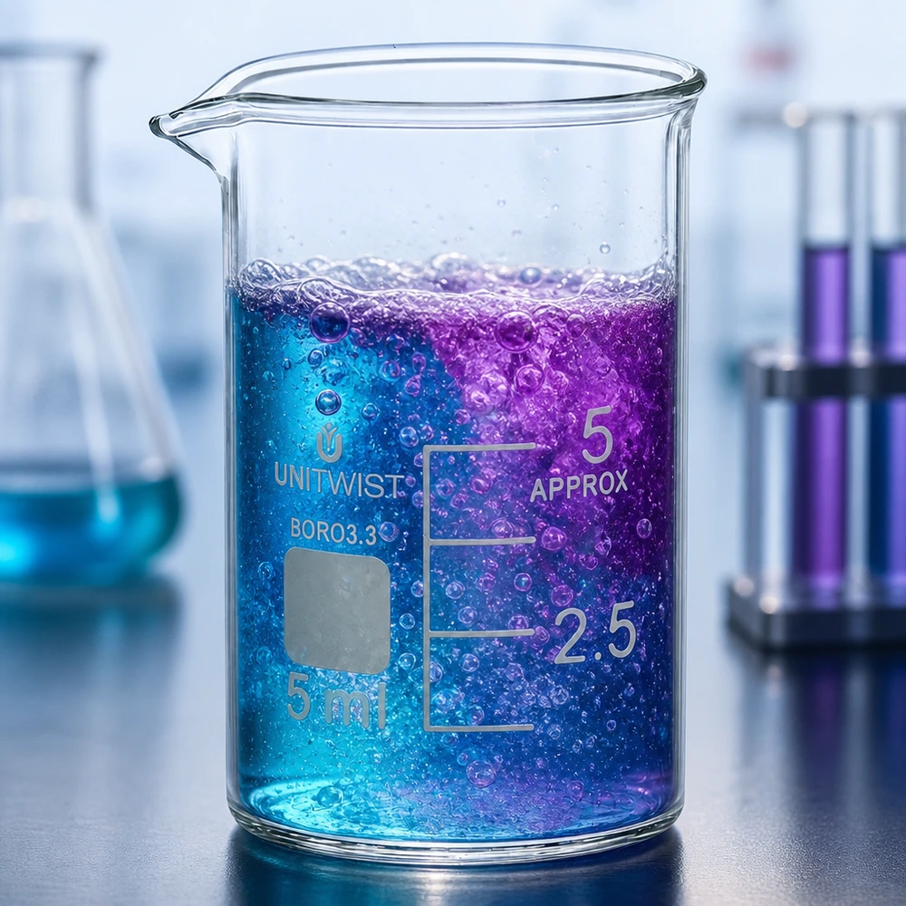 Copo de vidro de 5 ml, de formato baixo, com reação azul-violeta e formação de bolhas num ambiente de laboratório