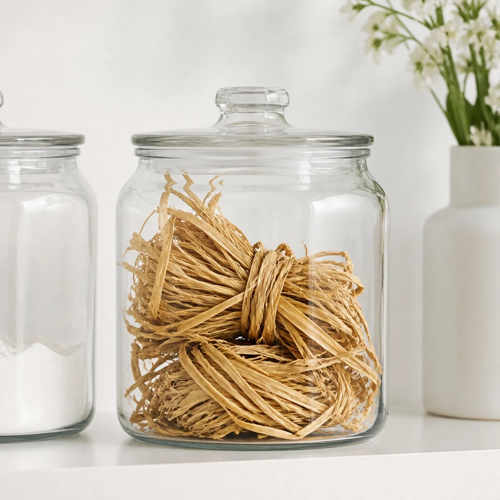 Corda natural para decoração, 30 g Ráfia natural 30g em frasco de vidro com tampa guardada ao lado de frascos de armazenamento brancos para uma organização organizada dos materiais de artesanato
