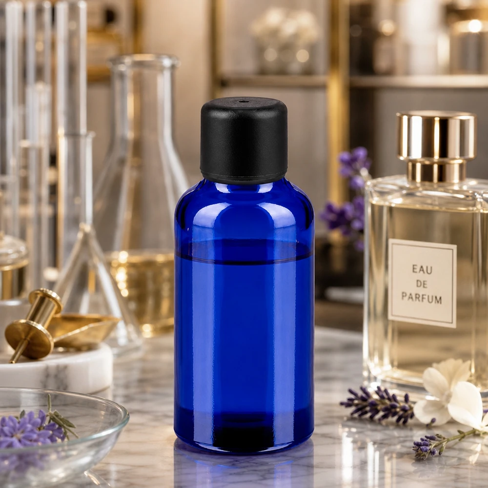 Prático frasco de vidro de 30 ml em azul elegante para a produção profissional de perfumes e misturas de aromas