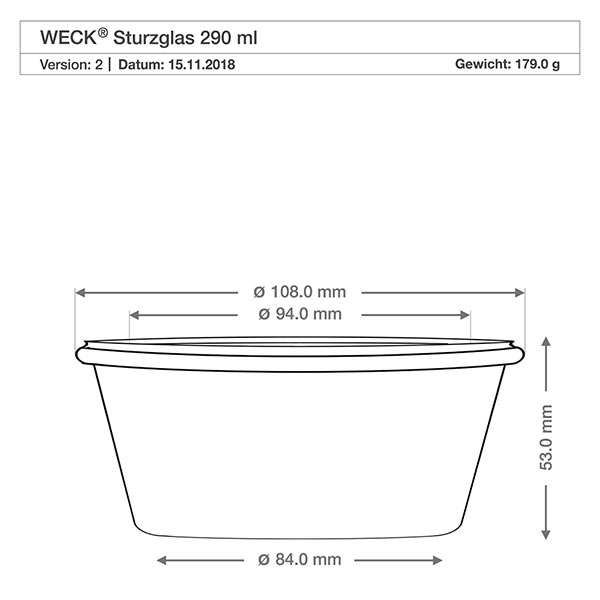 Frasco de vidro baixo de 290 ml com tampa de vidro WECK RR100 Desenho técnico dos copos WECK 290ml RR100 com as dimensões, diâmetro 108mm, altura 53mm, peso 179g