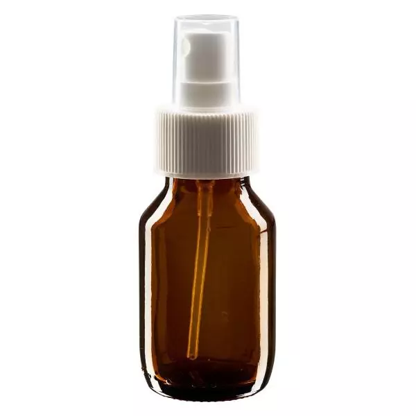 Frasco para medicamentos de 50ml castanho, com pulverizador de bomba branco ApoGlas Frasco para medicamentos de 50ml castanho, com pulverizador de bomba branco ApoGlas