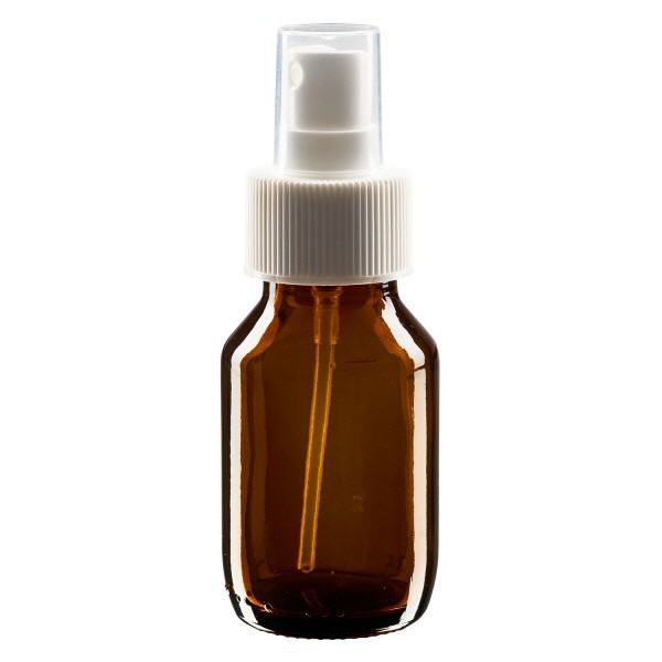 Frasco para medicamentos de 50ml castanho, com pulverizador de bomba branco ApoGlas Frasco para medicamentos de 50ml castanho, com pulverizador de bomba branco ApoGlas