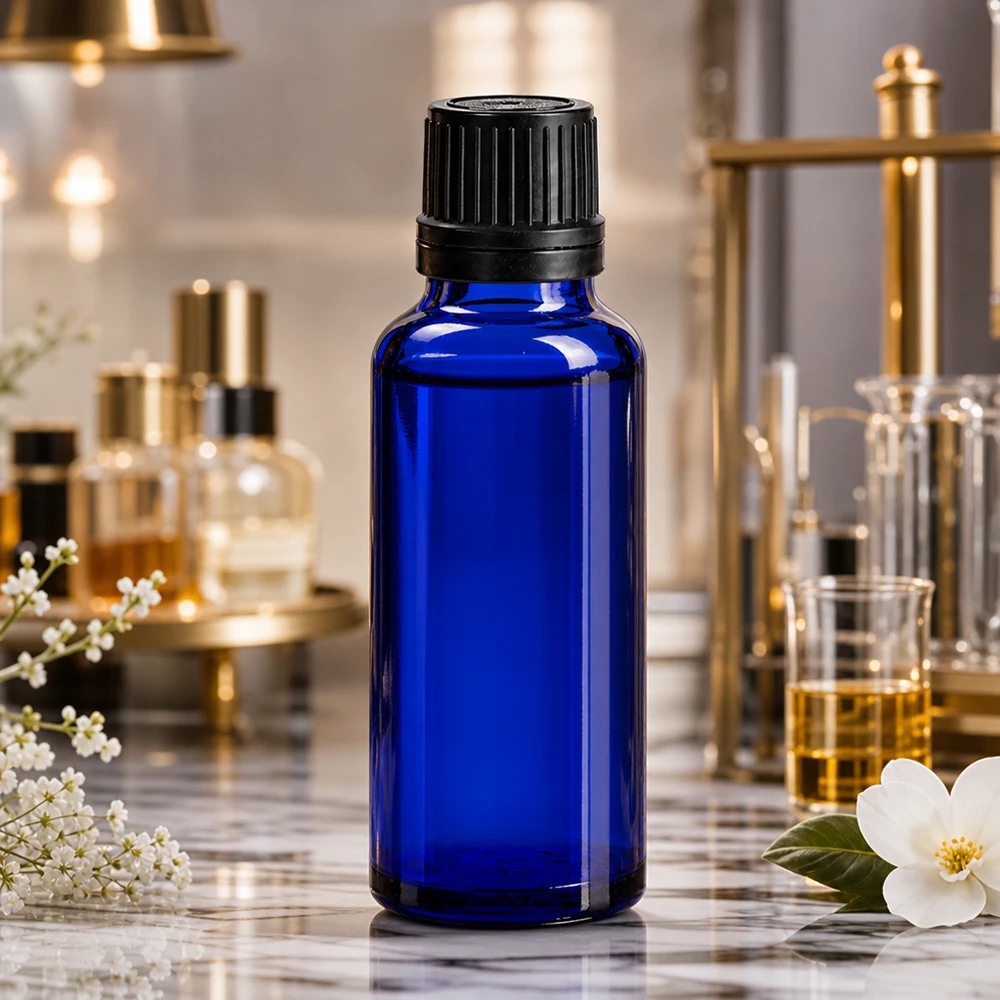 Frasco de farmácia azul cobalto de 30 ml com tampa OV preta sobre uma superfície de mármore no laboratório