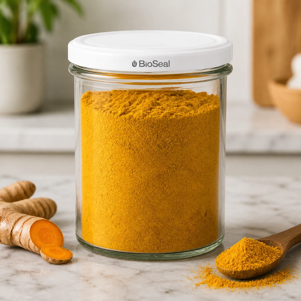 Copos de vidro de 350 ml com tampa branca UNiTWIST BioSeal O frasco UNiTWIST Sturz350 cheio de curcuma em pó demonstra o armazenamento hermético de especiarias graças à tampa TO82 BioSeal
