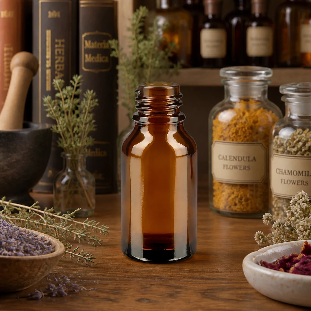 Frasco de farmácia castanho de 30 ml de forma alta ApoGlas ervas farmácia plantas medicinais secas camomila lavanda livros