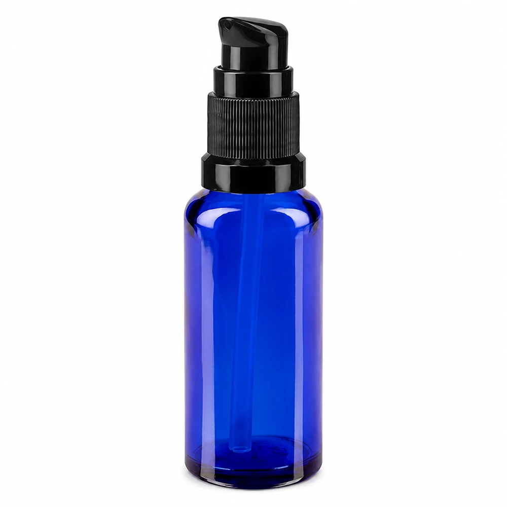Frasco de farmácia azul 30ml tampa da bomba preto padrão Frasco de vidro azul de 30 ml com bomba preta para farmácias e cosméticos