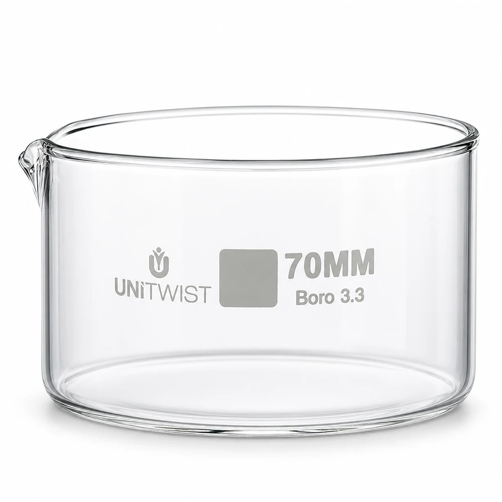 Prato de cristalização ø70mm vidro borossilicato UNiTWIST Taça de cristalização de 70 mm, vidro borossilicato 3.3 UNiTWIST, transparente, cilíndrica, com bico de vertimento
