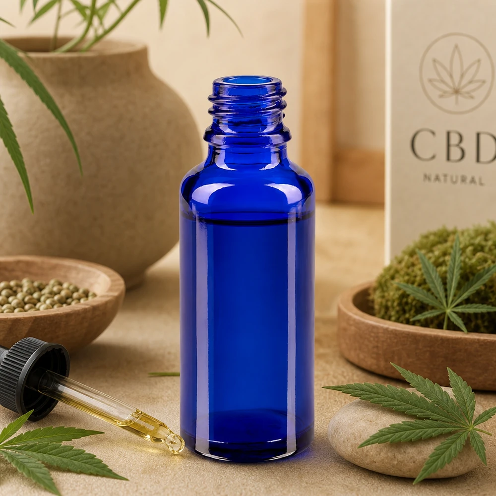 Frasco azul de farmácia ApoGlas de 30 ml com óleo de CBD e conta-gotas, num ambiente de materiais naturais com folhas de cânhamo