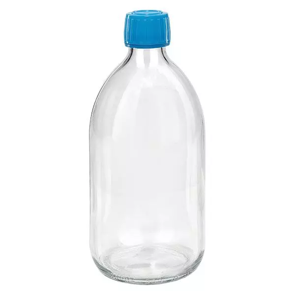 Frasco de medicamento de 500ml transparente, tampa azul com anel inviolável ApoGlas Frasco de medicamento de 500ml transparente, tampa azul com anel inviolável ApoGlas