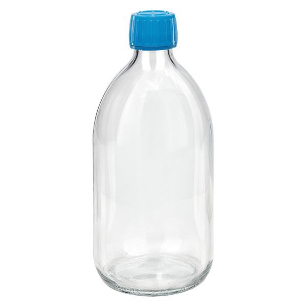 Frasco de medicamento de 500ml transparente, tampa azul com anel inviolável ApoGlas